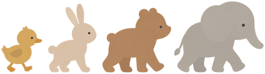 Duck, Pippin, Bruno and Ellie walking in a row