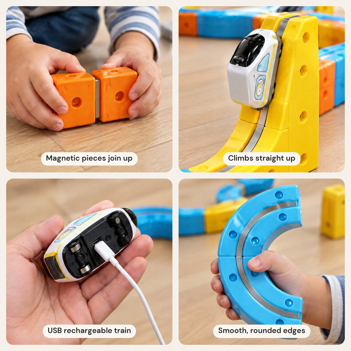 Close-ups: cubes joining, the train climbing, USB charging, a rounded curve