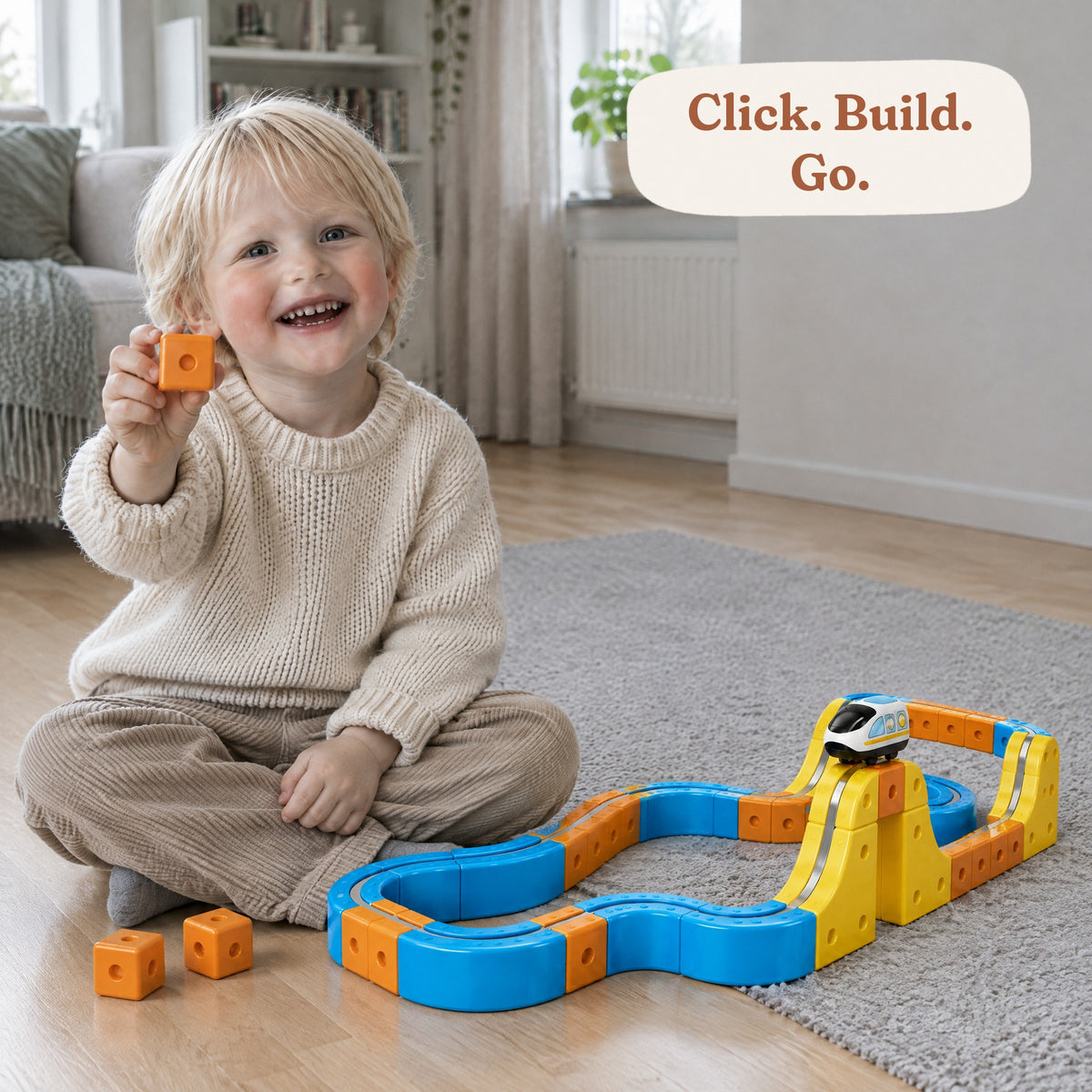 A boy holding up one orange magnetic cube